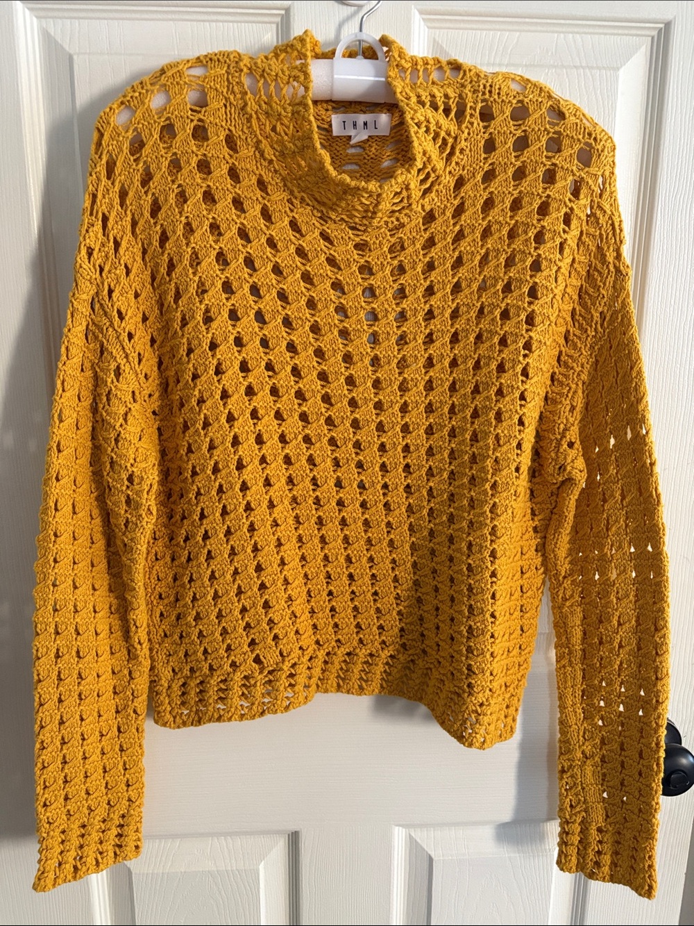 THML Golden Mustard Open-Knit Cowl Neck Sweater